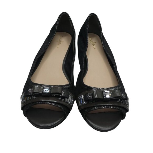 Cole Haan Nike Air Black Shimmer Leather Peep Toe Jeweled Bow Flats Womens 8 - Picture 6 of 13